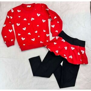 Valentines 7T Set Red Black Heart Print Long sleeve with leggings skirt overlay